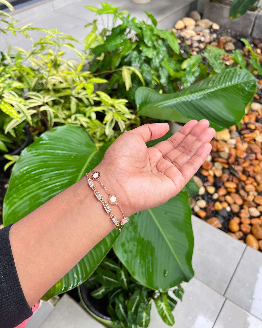 Rose Gold-Plated Bracelet with Rectangular American Diamond Stones two layer
